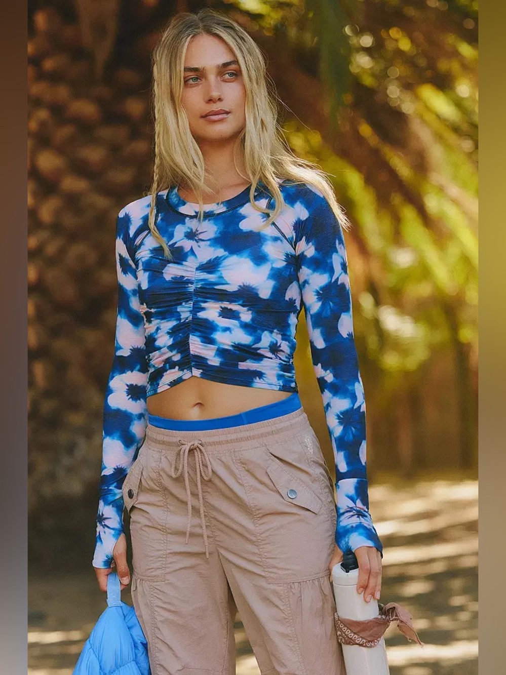 FP Movement Tempo Ruched UV Long Sleeve Top Blue Tie Dye Size M NWT